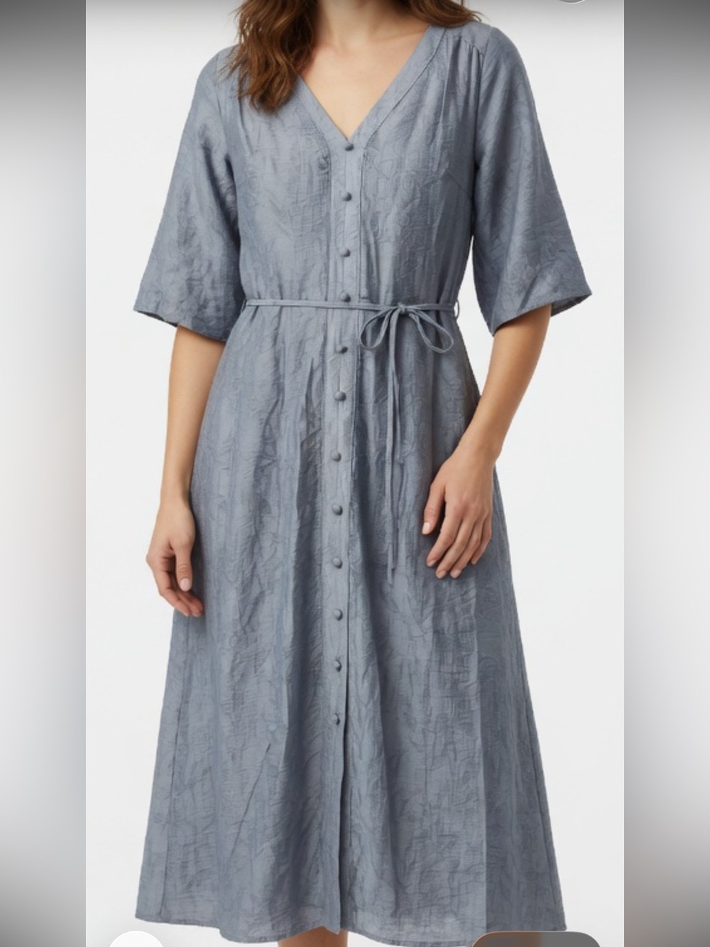 Leslie Fay Powder Blue V-Neck Midi Button-Front Dress Pockets 8